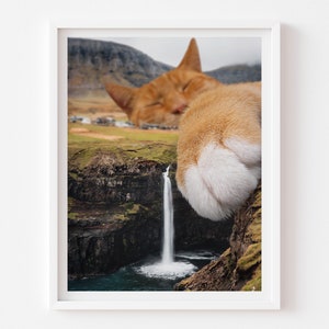 Sleeping Cat Print, Waterfall Print, Orange Cat, Cat Home Decor, Cat Person Gift, Scandinavia Art, Nursery Decor, Kids Room Wall Art