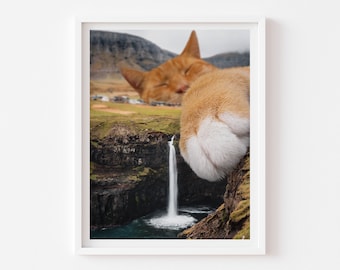 Sleeping Cat Print, Waterfall Print, Orange Cat, Cat Home Decor, Cat Person Gift, Scandinavia Art, Nursery Decor, Kids Room Wall Art