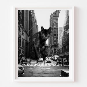Czarno-biały nowojorski kot sztuka wydruk, czarny kot, NYC sztuka ścienna, NYC sztuka unikatowa, osoba kot, podróże po Nowym Jorku, miasto, taksówka, plakat NYC