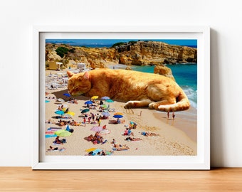 Schlafende Katze Wandkunst, Strand Dekor, Ozean Kunst, Orange Katze Geschenk, Katzenliebhaber, Strand Haus Dekor, Orange Katze, Ozeanlandschaft, Katzen Geschenkideen