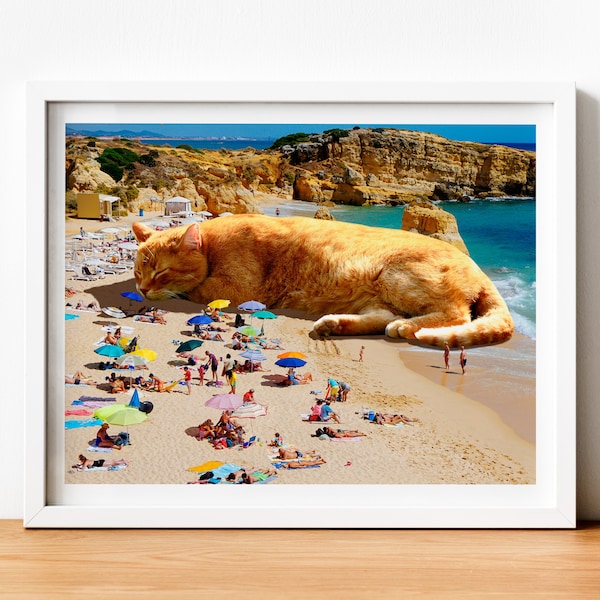 Sleeping Cat Wall Art, Beach Decor, Ocean Art, Orange Cat Gift, Cat Lovers, Beach House Decor, Orange Cat, Ocean Landscape, Cat Gift Ideas