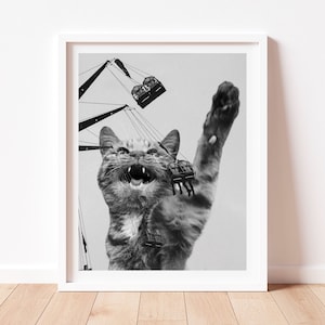 Unamusement Park Cat Art Print, Black White Cat, Catzilla, Cat Home Decor, Cat Lover Gift, Cat Person, Cat Lady, Carnival