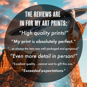 K&ouml;nnte beinhalten: Eine Katze h&auml;lt eine fliegende Untertasse mit einem bew&ouml;lkten Himmel und einer Bergkette im Hintergrund. Der Text auf dem Bild lautet: "THE REVIEWS ARE IN FOR MY ART PRINTS: "High quality prints!" "My print is absolutely perfect." ...as always the item was well packaged and gorgeous!" "Even more detail in person!" "Excellent quality... cannot wait to gift this one." "Exceeded expectations"