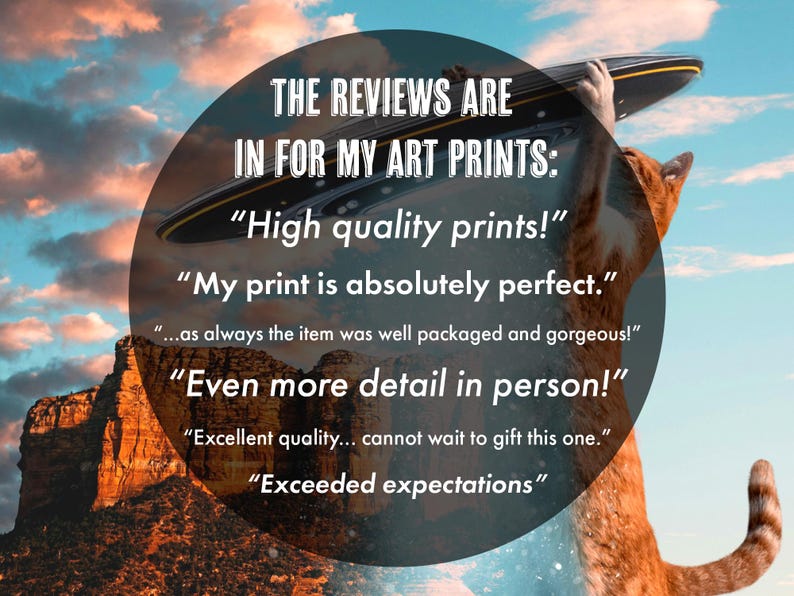K&ouml;nnte beinhalten: Eine Katze h&auml;lt eine fliegende Untertasse mit einem bew&ouml;lkten Himmel und einer Bergkette im Hintergrund. Der Text auf dem Bild lautet: "THE REVIEWS ARE IN FOR MY ART PRINTS: "High quality prints!" "My print is absolutely perfect." ...as always the item was well packaged and gorgeous!" "Even more detail in person!" "Excellent quality... cannot wait to gift this one." "Exceeded expectations"