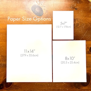 May include: Paper size options for prints, showing three different sizes: 5x7 inches (12.7 x 17.8 cm), 8x10 inches (20.3 x 25.4 cm), and 11x14 inches (27.9 x 35.6 cm).