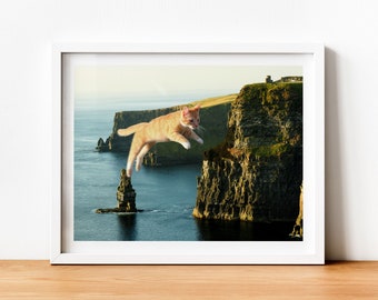 Impression d'art chat d'Irlande, falaises de Moher, cadeau irlandais, chat orange, chaton mignon, Saint-Patrick, voyage en Irlande, patrimoine irlandais, cadeau pour amoureux des chats