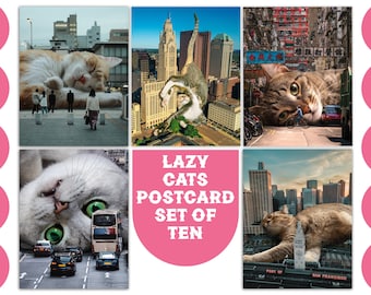 Conjunto de postales de gato perezoso de 10, postales de viajes mundiales, amante de los gatos, mejor regalo de gato, papelería de gato lindo, persona de gato presente, gatos somnolientos
