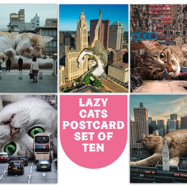 Lazy Cat Postcard Set of 10, World Travel Postcards, Cat Lover, Best Cat Gift, Cute Cat Stationery, Cat Person Present, Sleepy Cats