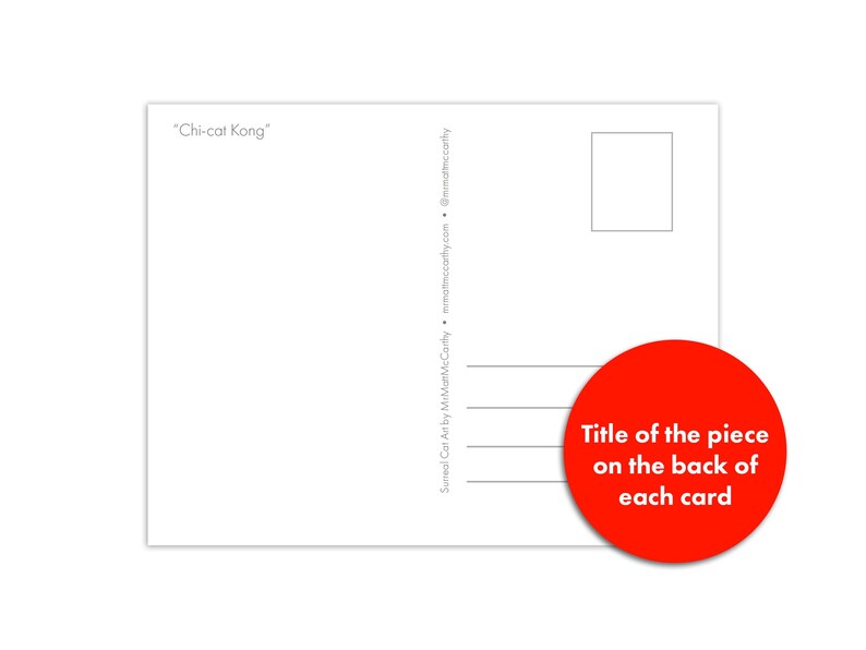 K&ouml;nnte beinhalten: Eine wei&szlig;e rechteckige Postkarte mit einem Briefmarkenfeld oben rechts und Adresszeilen unten rechts. Der Text "Chi-cat Kong" steht oben links. Ein roter Kreis mit dem Text "Title of the piece on the back of each card" ist auf der Karte zu sehen.
