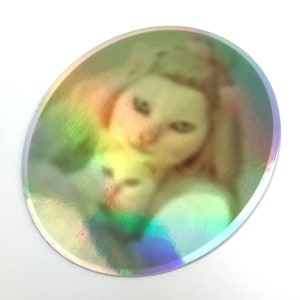 Holographic Cat Mom Sticker, Mothers Day, Rainbow Holo, Macbook Laptop Decal, Kitty Stocking Stuffer, Water Bottle Logo, White Cat Gift