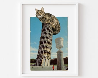 Leaning Tower of Pisa Print, Cat Art, Italy Decor, Cat Lover Gift, Architecture Gift, Fun Cat Art, Cat Home Decor, Italian Wall Art, Big Cat