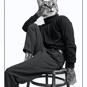 May include: A black and white photograph of a cat wearing a black turtleneck and trousers, sitting on a wooden stool. The cat is looking up and to the right. The photo is titled "Matt McCarthy | surreal cat art | mrmattmccarthy.com".