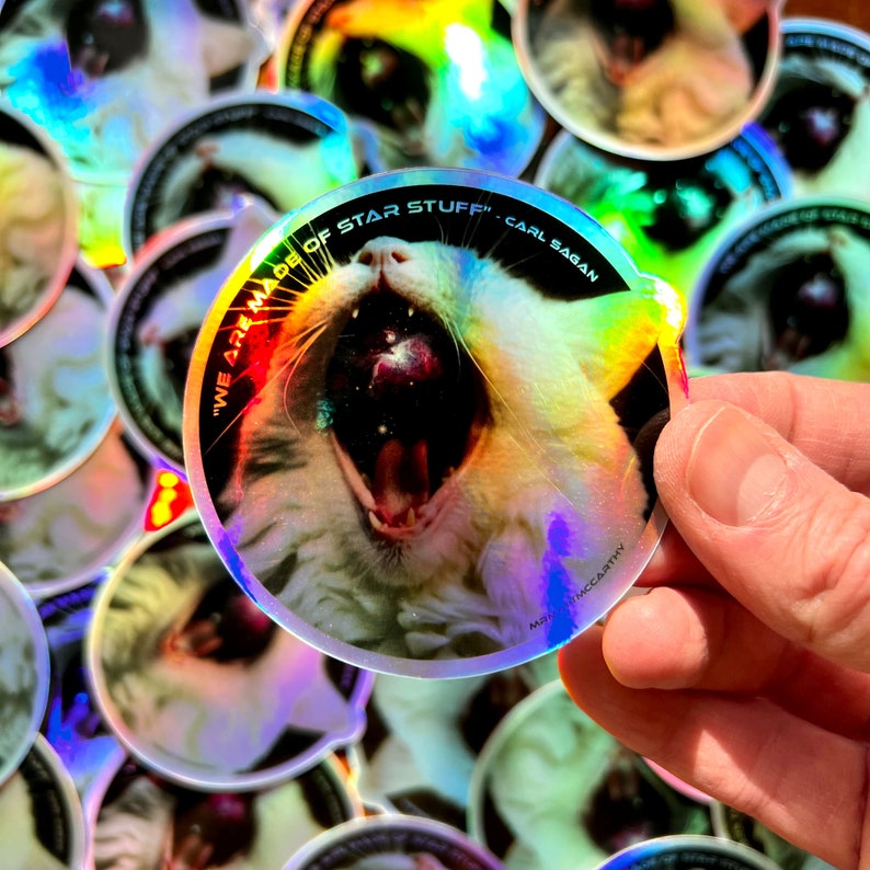 May include: A holographic sticker featuring a cat's face with its mouth open. The sticker includes the text "WE ARE MADE OF STAR STUFF" CARL SAGAN.