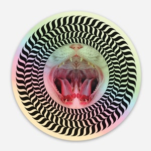 Holographic Trippy Cat Sticker, MacBook Sticker, Laptop Decal, Weatherproof Cat Sticker, Psychedelic Optical Illusion Sticker
