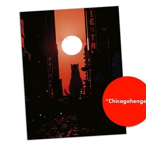 K&ouml;nnte beinhalten: Ein rechteckiger Druck mit der Silhouette einer Katze, die bei Sonnenuntergang in einer Stadtstra&szlig;e sitzt, wobei die Sonne zwischen hohen Geb&auml;uden steht. Der Text Palace und IENTA ist auf Schildern zu sehen, Chicagohenge steht in einem roten Kreis.