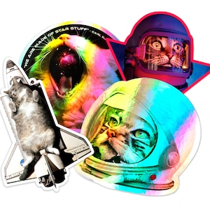 Pack d'autocollants espace chat | Chats astro | Sticker bouteille d'eau | Sticker arc-en-ciel holographique | Sticker pour ordinateur portable | Cadeau pour amoureux des chats | Anniversaire de chat | Nasa