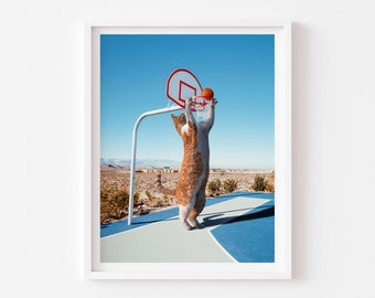 Impression de chat de basket-ball, oeuvre d'art de chat, art de basket-ball, folie de mars, cadeau pour amoureux des chats, impression d'art chat orange, décoration murale de basket-ball