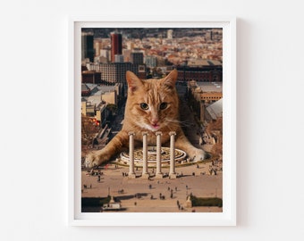 Impression d'art Barcelone Espagne, cadeau chat orange, impression giclée Catzilla, amoureux des chats, personne chat, mur de la galerie cadeau de pendaison de crémaillère chat, chaton orange