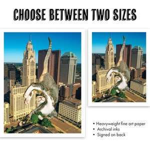 May include: Two sizes of a print featuring a tabby cat perched atop a cityscape. The print is available in 11x14 inches and 8x10 inches. The print is on heavyweight fine art paper with archival inks and is signed on the back.