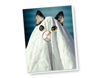 Carte de chat d’Halloween, carte de vœux de chat fantôme, œuvre d’art de chat surréaliste, cadeau d’amant de chat Spooky Kitty, cadeau d’Halloween, papeterie d’Halloween