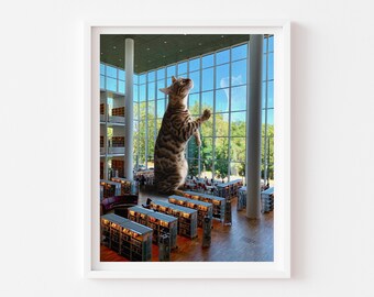Bengal Cat Library Print: Surreal Book Lover Art