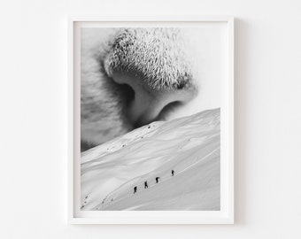 Impression d'art chat roi de la montagne, oeuvre d'art sur la neige, montagne, ski, cadeau pour amoureux des chats, cadeau personne chat, voyage vintage, art noir et blanc