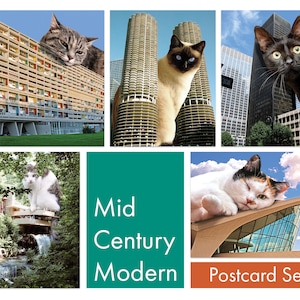 MIDCENTURY MODERN ART Set of 10 Postcards, Cat Postcards, Postcard Set Art, Architecture Gifts, Cat Art, Black Cat, Cat Lovers Gift