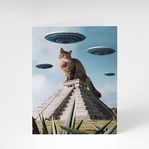 May include: A brown tabby cat sits atop a stone pyramid, looking directly at the viewer. Several flying saucers hover in the sky above the cat.