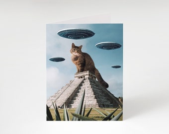 Tarjeta de felicitación con gato OVNI, Tarjeta de gato espacial alienígena, Pirámide, Ciencia ficción, Místico, Nave espacial, Tarjeta para amantes del espacio, Tarjeta para amantes de los gatos, Tarjeta de gatito