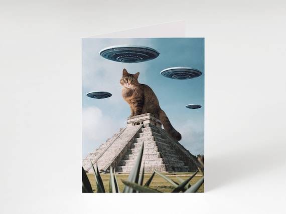 UFO Cat Greeting Card, Alien Space Cat Card, Pyramid, SciFi, Mystical, Spaceship, Space Lover Card, Cat Person Card, Kitty Card