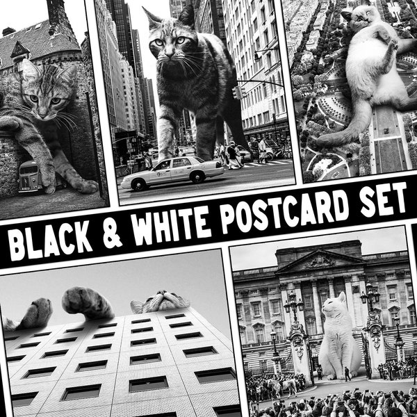 Reuze kat ansichtkaart set van 10, zwart-wit ansichtkaarten, kat cadeau, kleine kunst, surrealistische kunst, NYC, Londen, Parijs, Edinburgh, Los Angeles