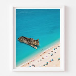 Beach Cat Art Print, Cat Gift Idea, Tabby Cat, Summer, Vacation, Travel, Relaxing, Cat Lady, Surreal Art, Ocean Wall Art, Beach House Decor