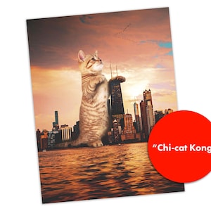 K&ouml;nnte beinhalten: Ein rechteckiger Druck mit einer riesigen braunen getigerten Katze, die bei Sonnenuntergang in einem Gew&auml;sser neben einer Skyline steht. Die Katze hat ihre Pfoten auf einem Wolkenkratzer. Ein roter Kreis enth&auml;lt den wei&szlig;en Text "Chi-cat Kong".