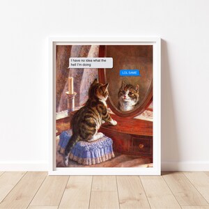 K&ouml;nnte beinhalten: Eine braune und getigerte Katze sitzt auf einem blauen und wei&szlig;en Kissen vor einem Schminkspiegel. Die Katze schaut in ihren Spiegelbild. Eine Textblase &uuml;ber der Katze sagt "Ich habe keine Ahnung, was ich hier tue." Das Spiegelbild der Katze hat eine Textblase, die sagt "LOL SAME!"