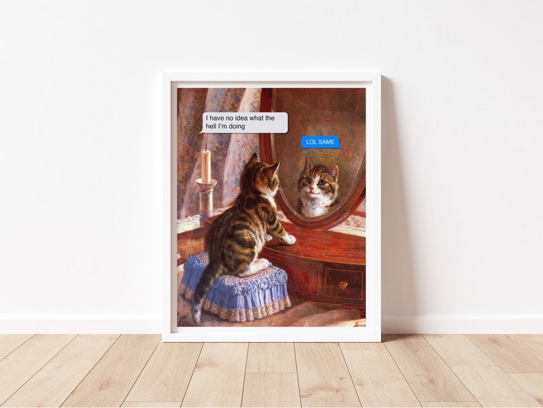 K&ouml;nnte beinhalten: Eine braune und getigerte Katze sitzt auf einem blauen und wei&szlig;en Kissen vor einem Schminkspiegel. Die Katze schaut in ihren Spiegelbild. Eine Textblase &uuml;ber der Katze sagt "Ich habe keine Ahnung, was ich hier tue." Das Spiegelbild der Katze hat eine Textblase, die sagt "LOL SAME!"