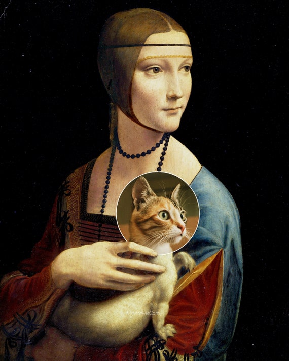 アーミン猫を連れた女性アートプリント、レオナルド ダ ヴィンチ