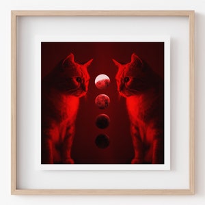 Blood Moon Art Print, Cat Moon Print, Lunar Eclipse, Space Art, Red Wall Art, Space Artwork, Astronomy Lover, Cat Wall Art, Cat Home Decor
