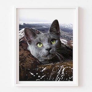 Stampa di gatto vulcano, gatto curioso, gatto divertente, gatto blu di Russia, gatto grigio, carino, buffo, originale, inaugurazione della casa, regalo per gatti, decorazione per gatti, opera d'arte surreale
