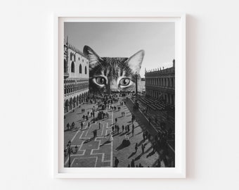 Impression d’art de chat de Venise noir et blanc, Venise Italie, Kitty, Cadeau de fête des mères, Impression Art déco, Art mural d’Italie, Art italien, Unique, Personne de chat