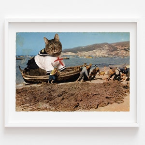 Segeln Katze Print, Surreal Collage Art, Einzigartiges Katzenliebhaber Geschenk, Boot Druck, Strand Dekor, Katze Wandkunst, Portugal Poster, Nautisches Dekor,