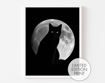Black Cat Full Moon Print, Limited Edition Art Print, Black Cat Lover, Cat Person Gift, Rare Art, Halloween Print, Spooky, Dark Artwork