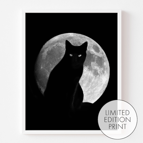 Black Cat Full Moon Print, Limited Edition Art Print, Black Cat Lover, Cat Person Gift, Rare Art, Halloween Print, Spooky, Dark Artwork