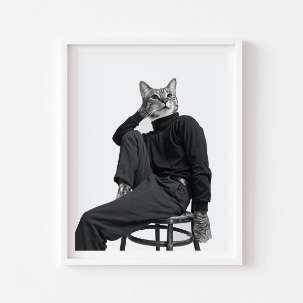 CHIC CHAT PRINT, Black White Wall Decor, Unique Cat Gift, Modern Art, Monochrome Decor, Cat Lover, Fashion, Tabby Cat Portrait, Cat Artwork