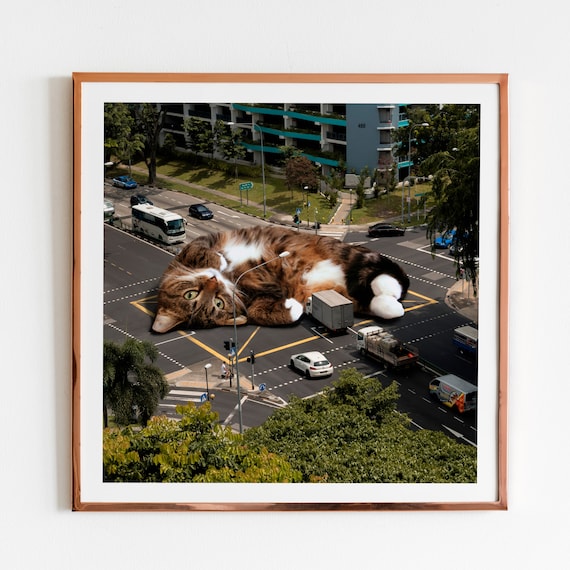 Impressão de arte de gato gigante, gatinho sonolento, presente 