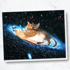 Tarjeta de abrazo cósmico, tarjeta de felicitación del gato espacial, juego de tarjetas espaciales, tarjeta de gato lindo, San Valentín, aniversario, tarjetas de boda