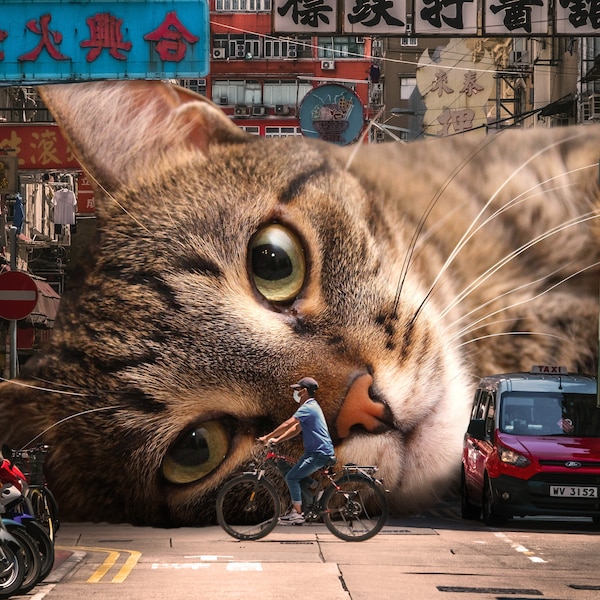 Surreal Cat Art Print, Hong Kong Art, Cute Cat Gift, Cat Lover Gift, Bicycle, Surreal Home Decor, Unique Cat Art, Cat Present