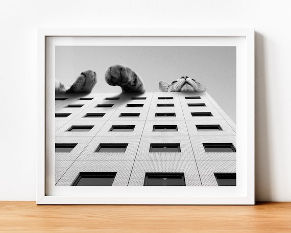 Modern Cat Artwork, Black White Decor, Cat Print, Monochrome, Cat Lover Gift, White Cat, Skyline, Minimal, Los Angeles Art, Travel Poster