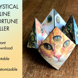 May include: A paper fortune teller with a cat theme. The fortune teller is folded into a pyramid shape and has images of cats with different eye colors on each side. The text "Mystical Feline Fortune Teller" is printed on the front of the fortune teller.