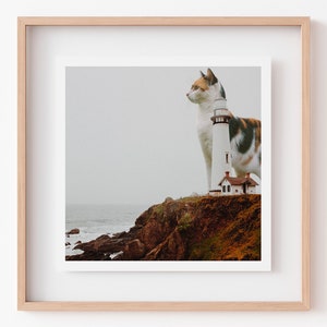 Lighthouse Decor | Cat Art Print | Beach House Art | Pigeon Point Lighthouse Gift | Calico Cat Lover Present | Classic California Lighthouse