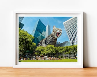 NYC Cat Yawn Print, Bryant Park Artwork, New York City Poster, Unique Cat Lover Gift, Cat Lady Gift, NYC Taxi, NYC Wall Art, Cat Decor